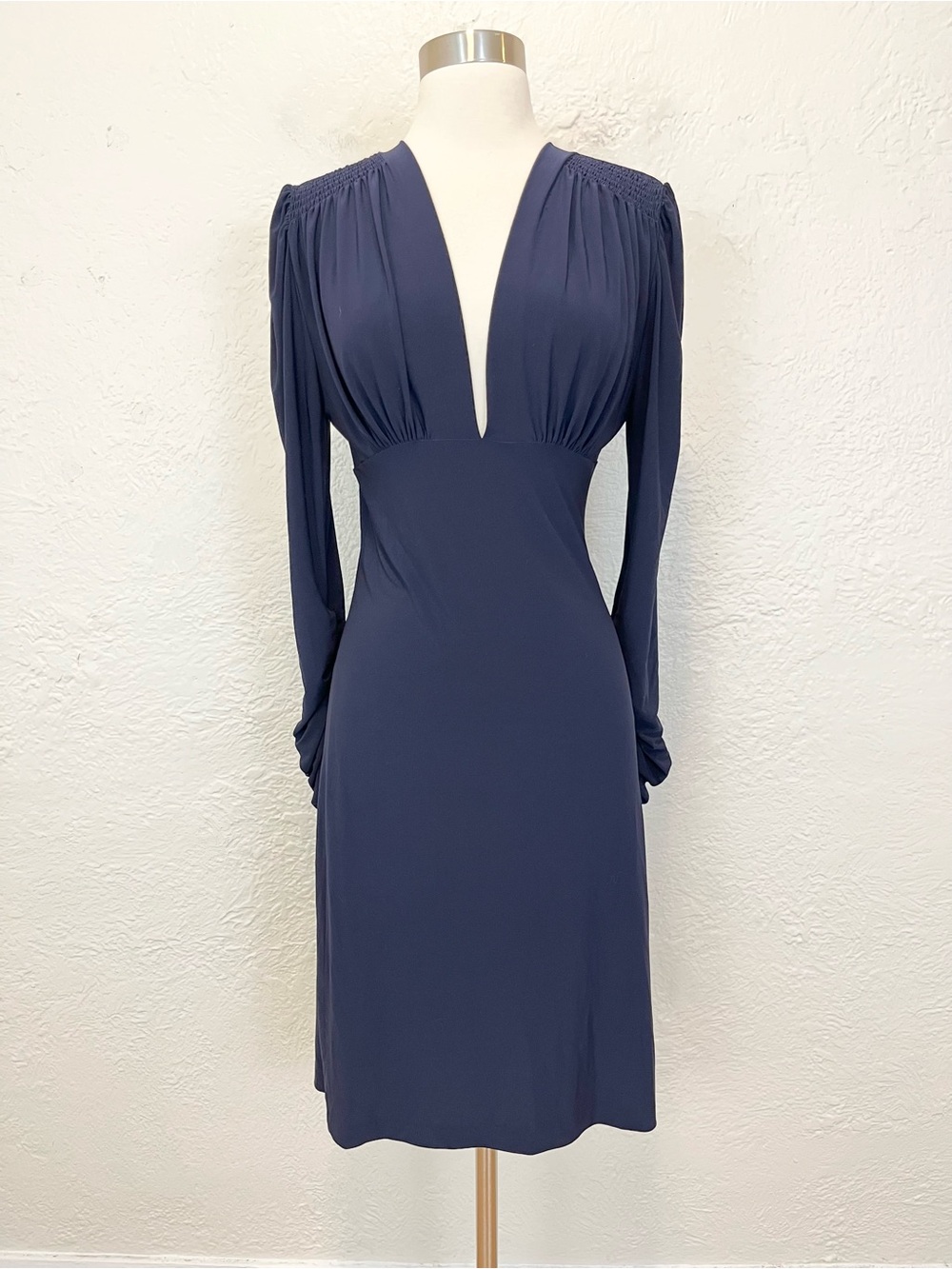 Norma Kamali Dress Navy Blue Long Sleeve Ruched Medium M